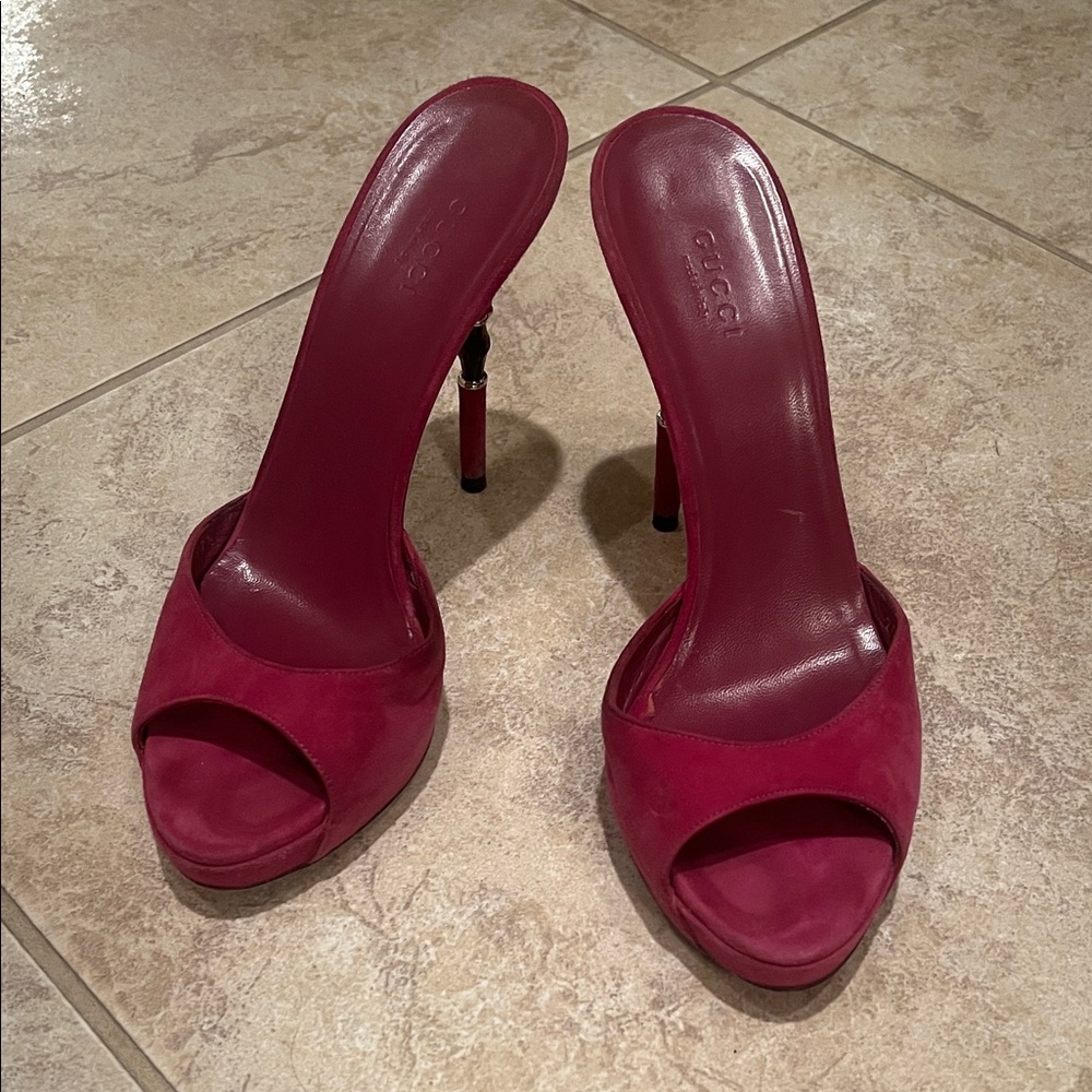 Gucci Heels: Open-Back, Bamboo Accent, Suede, Peep Toe, 37.5 | 7.5